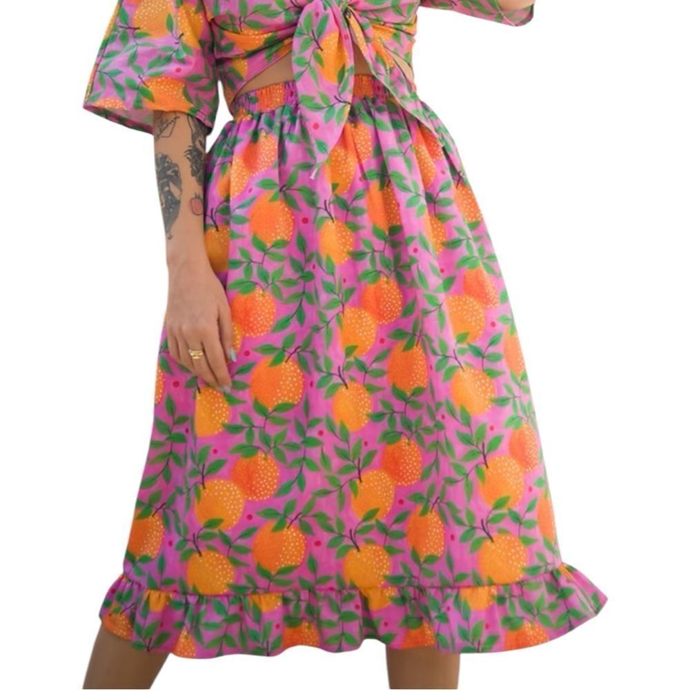NWT Cherry & Mint Orange Garden Print Ruffle bottom Midi Skirt  Size XS